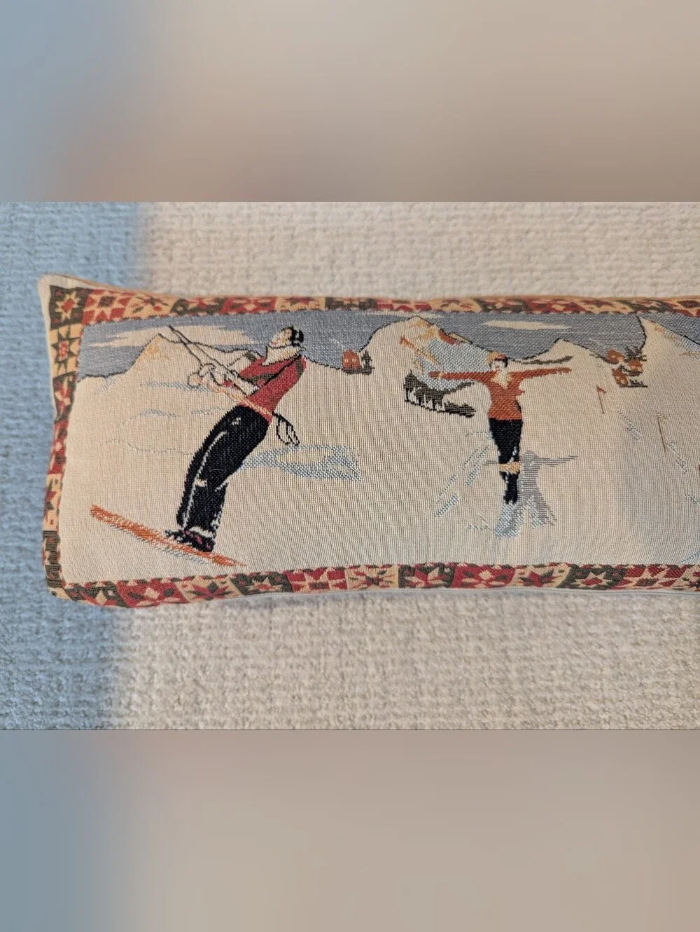 CRATE & BARREL Vintage Skier Tapestry Pillow Made In France